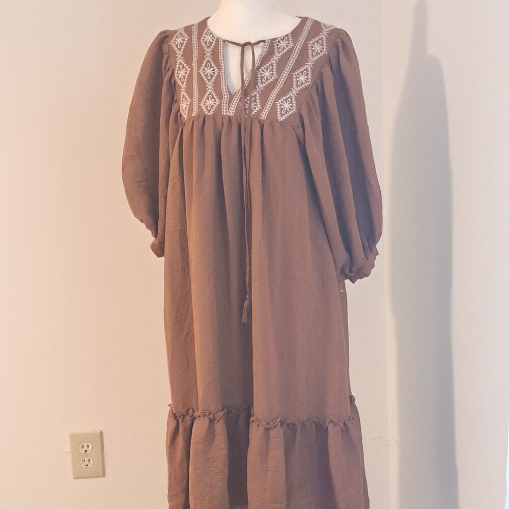 Aura BOHO Brown Embroidered Panel A Line Midi Prairie Dress Size XS